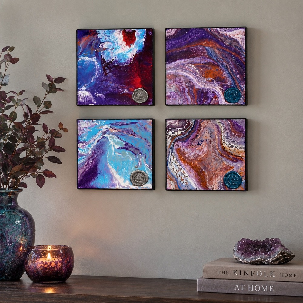 Set of 4 Abstract Cube Paintings Signed S Kelley Modern Geometric 6x6